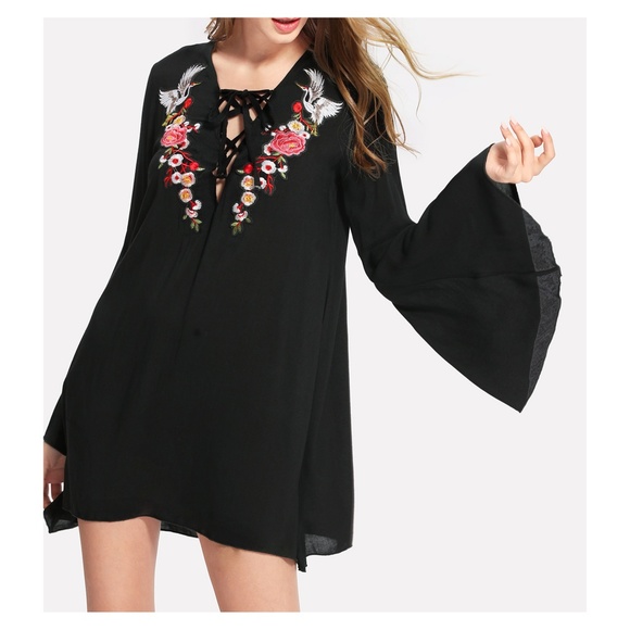 MBM Unlimited Dresses & Skirts - Black Lace Up Long Sleeve Embroidered Shift Dress